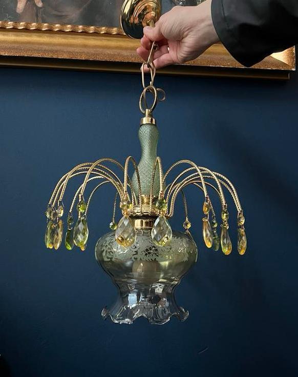 Vintage lamp met Kristallen en Glazen Kap, Huis en Inrichting, Lampen | Kroonluchters, Gebruikt, Glas, Ophalen