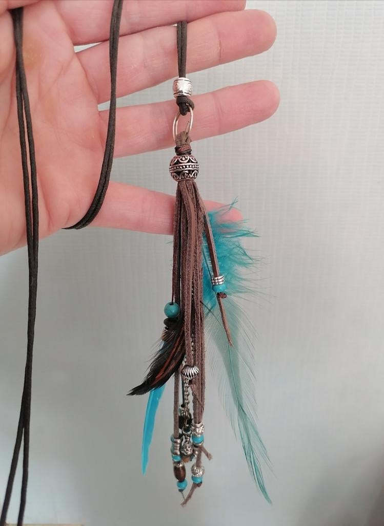 Bohemian Ketting met veren, Overige materialen, Overige voorstellingen, Bruin, Ophalen of Verzenden