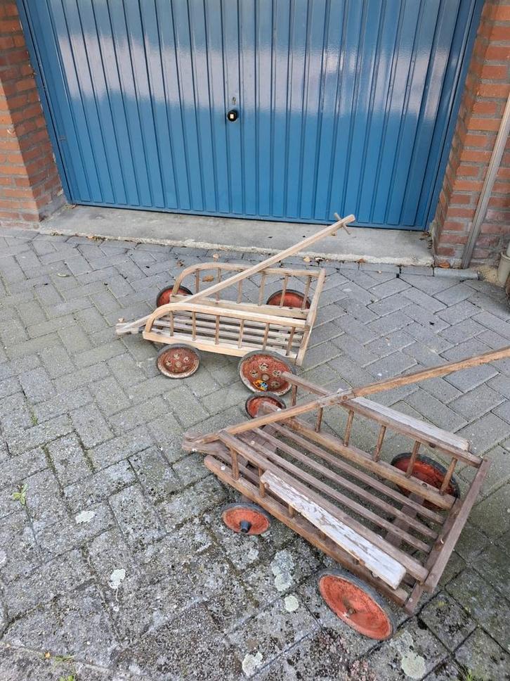Oude Houten Bolderkarren - Set van 2, Antiek en Kunst, Antiek | Speelgoed, Ophalen of Verzenden