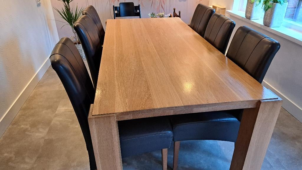 Eiken eethoek (210cm)met 6 lederen stoelen ( Bruin), Ophalen, Gebruikt, 4 tot 6 stoelen