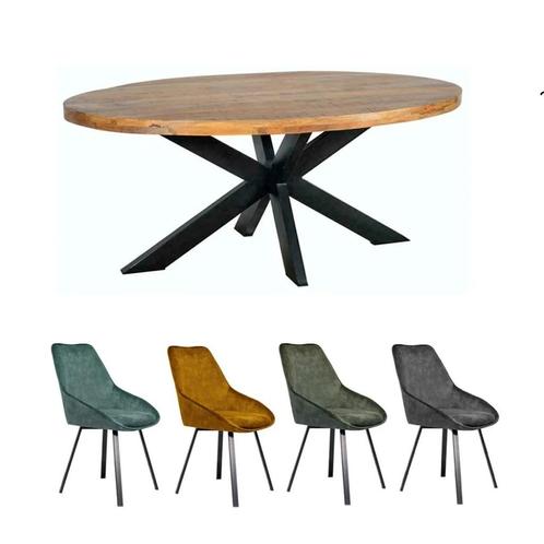 Eettafel mango ovaal 200 cm met 4 stoelen -, Huis en Inrichting, Tafels | Eettafels, Nieuw, Ovaal, Overige houtsoorten, Metaal