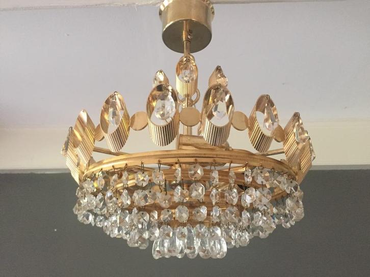 OPRUIMING Goud en kristal luchter Palwa jaren 60 70 vintage, Huis en Inrichting, Lampen | Kroonluchters, Gebruikt, Glas, Metaal