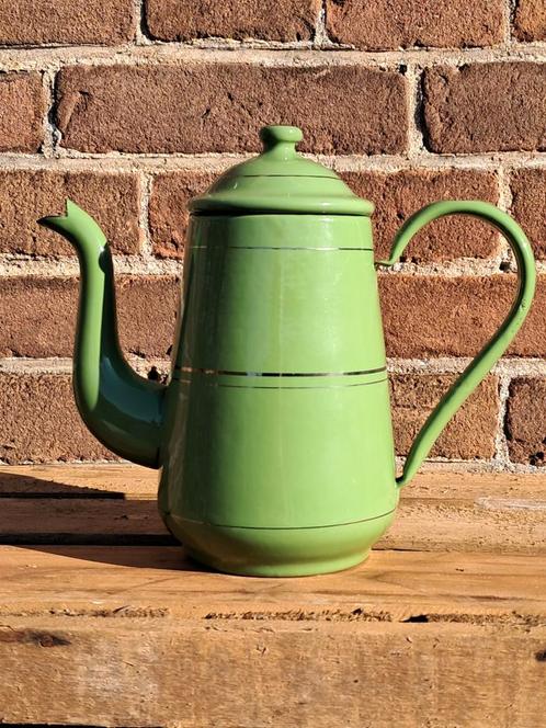 Mooi emaille reseda koffiepot met bies., Antiek en Kunst, Antiek | Emaille, Ophalen of Verzenden