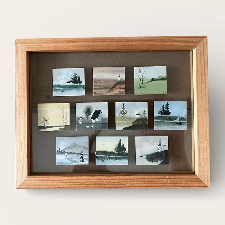 Miniatuur aquarellen in een houten, transparante lijst, Huis en Inrichting, Woonaccessoires | Schilderijen, Tekeningen en Foto's