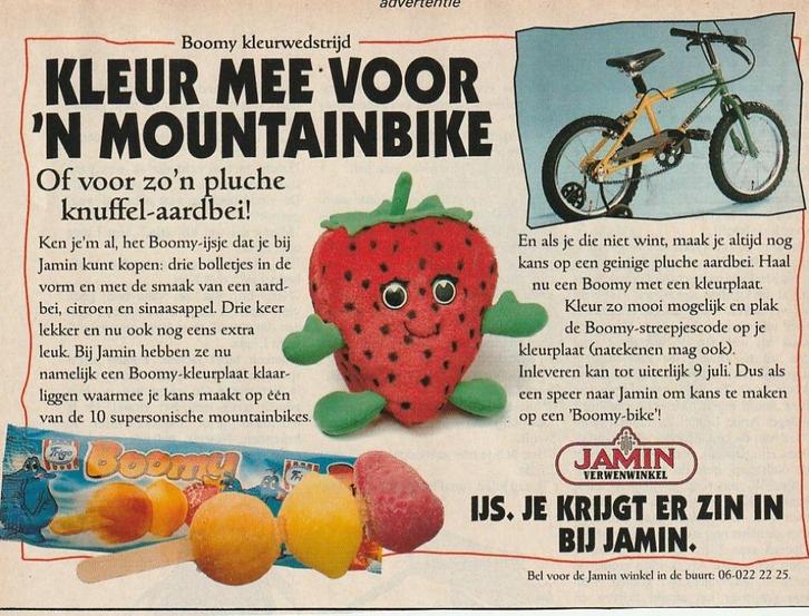 Retro reclame 1994 Jamin snoepwinkel Boomy knuffel aardbei, Verzamelen, Retro, Overige typen, Verzenden