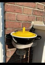 Oud geel met zwart emaille pannetje met 2 oren & deksel. Pan, Antiek en Kunst, Verzenden