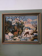 Geborduurd schilderij hert winterlandschap, Antiek en Kunst, Ophalen