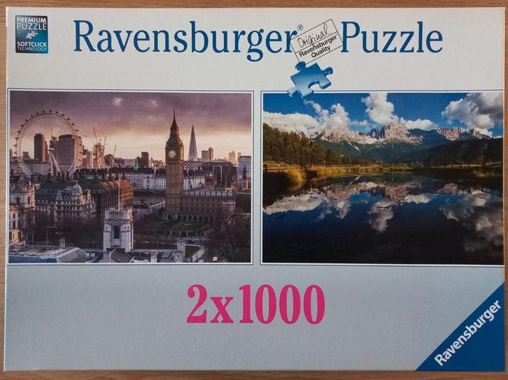 Ravensburger puzzel 2x1000, Londen/bergmeer, COMPLEET, ZGAN!, Hobby en Vrije tijd, Denksport en Puzzels, Zo goed als nieuw, 500 t/m 1500 stukjes