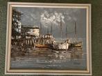 Klassiek schilderij J. Jones, boten in haven, Ophalen of Verzenden
