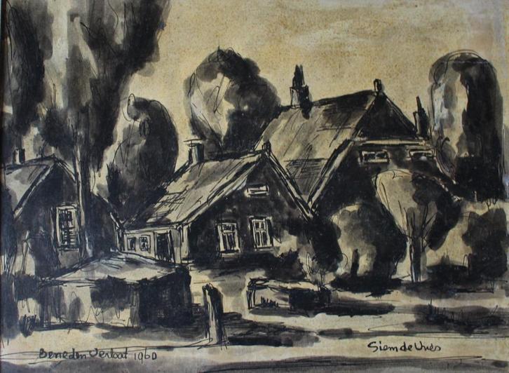 Veendam, Siem de Vries, tekening Beneden Verlaat 1960., Antiek en Kunst, Kunst | Schilderijen | Klassiek, Ophalen of Verzenden