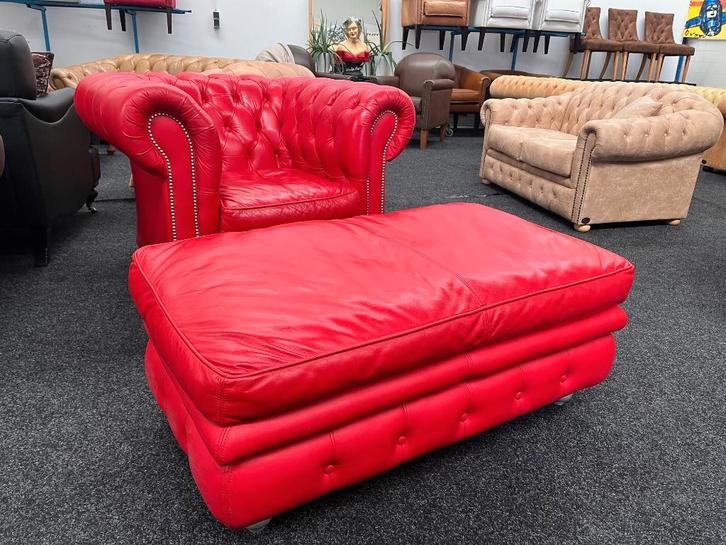 Chesterfield Maarssen Rood leren Chesterfield Stoel & Hocker, Huis en Inrichting, Fauteuils, Zo goed als nieuw, Leer, 75 tot 100 cm
