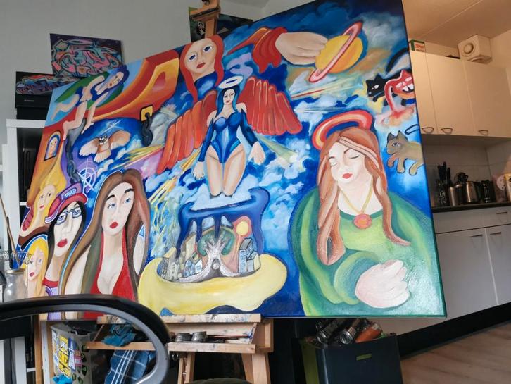 Groot olieverfschilderij - 100x150 cm, Antiek en Kunst, Kunst | Schilderijen | Klassiek, Ophalen of Verzenden