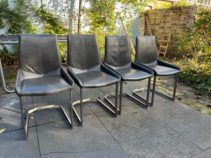 Set van 4 H&H leren eetkamerstoelen - Grijs, Huis en Inrichting, Stoelen, Leer, Grijs, Ophalen