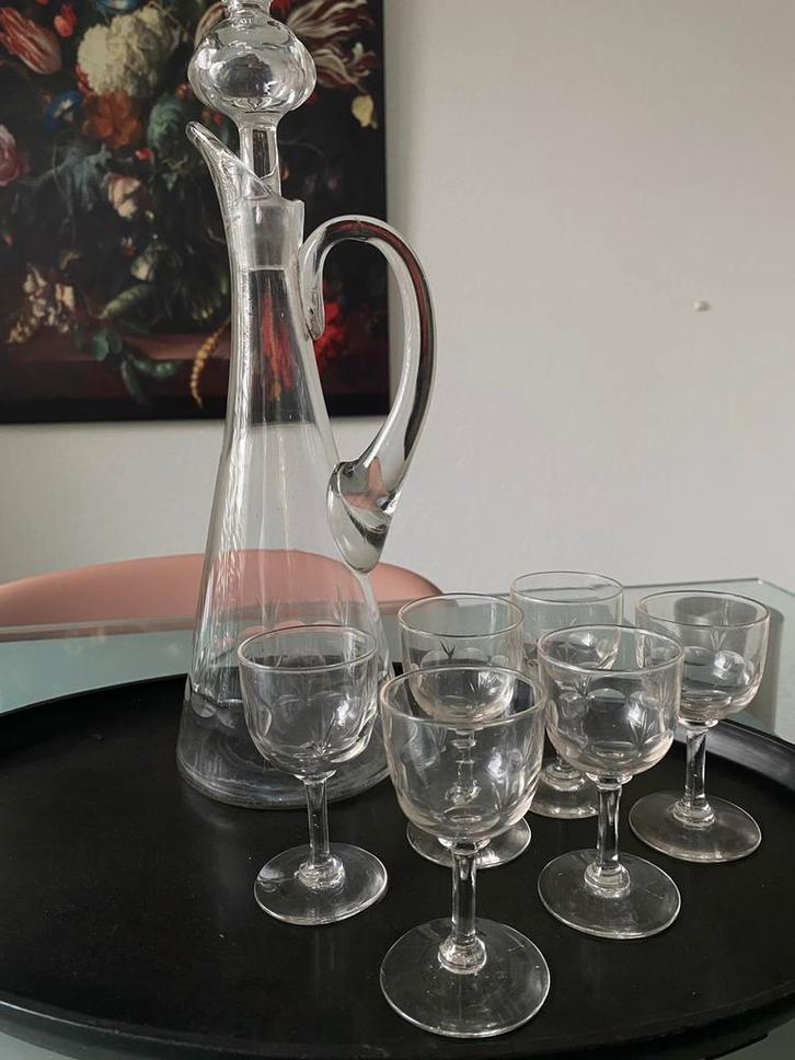 Antieke Karaf met 6 Borrelglaasjes, Antiek en Kunst, Antiek | Glas en Kristal, Ophalen of Verzenden