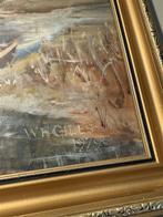 ingelijst schilderij van een huis aan een rivier -gesigneerd, Antiek en Kunst, Ophalen of Verzenden