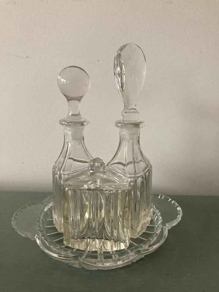 Brocante/antiek kristallen olie/azijn/zoutstel, Antiek en Kunst, Curiosa en Brocante, Ophalen of Verzenden