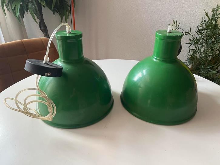 Vintage Groene Emaille Hanglampen Set, Huis en Inrichting, Lampen | Hanglampen, Gebruikt, Minder dan 50 cm, Metaal, Ophalen