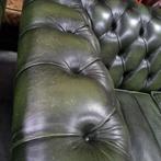 Engelse Chesterfield bank groen leer + BEZORGING GRATIS, Gebruikt, Chesterfield, Ophalen of Verzenden, Rechte bank