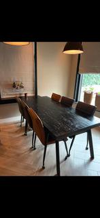 Eettafel houten blad en metaal onderstel., Ophalen, Gebruikt, 50 tot 100 cm, Vier personen