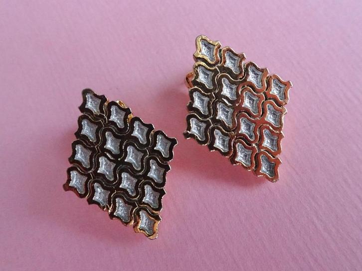 jwg Vintage 50s 60s emaille ruit oorbellen goud blauw clips, Sieraden, Tassen en Uiterlijk, Antieke sieraden, Oorbellen, Overige materialen