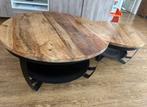 Mango hout metaal salontafel set 90 en 70 cm industrieel, Ophalen, Gebruikt, Rond, 50 tot 100 cm