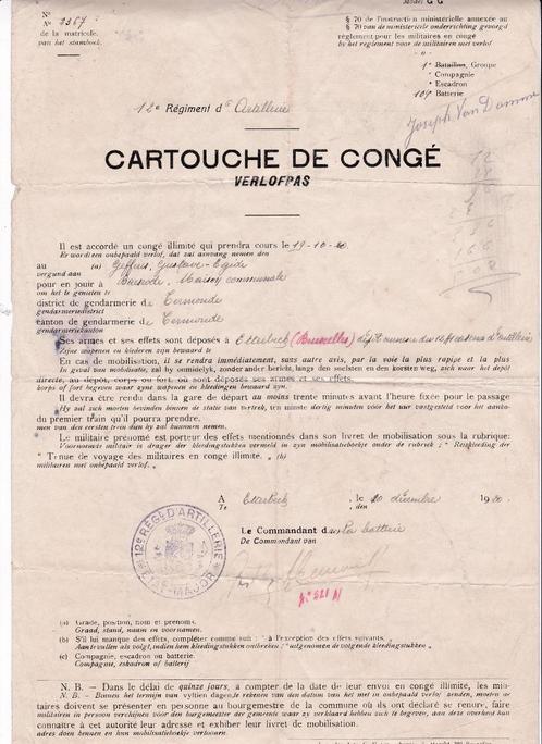 Verlofpas -Cartouche de Congé Belgisch leger uit 1920 + foto, Verzamelen, Militaria | Algemeen, Landmacht, Overige typen, Overige gebieden