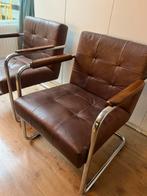 2 Twee Buisframe Machalke fauteuils stoelen leer leder, Huis en Inrichting, Fauteuils, Ophalen, Gebruikt, 50 tot 75 cm, Leer