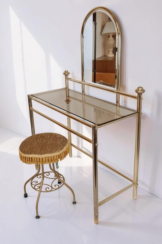 Vintage messing vanity kaptafel met krukje, Huis en Inrichting, Tafels | Kaptafels, Ophalen, Gebruikt, -, -