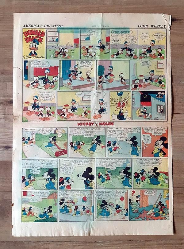 Zondagkrant comics pagina. 1941. Donald Duck - Mickey Mouse, Boeken, Strips | Comics, Amerika, Verzenden, Gelezen, Eén comic