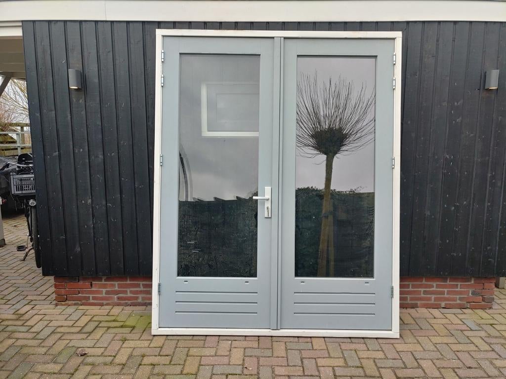 Dubbele tuindeuren met glas, Doe-het-zelf en Verbouw, Deuren en Horren, Gebruikt, 120 cm of meer, Ophalen of Verzenden, 200 tot 215 cm