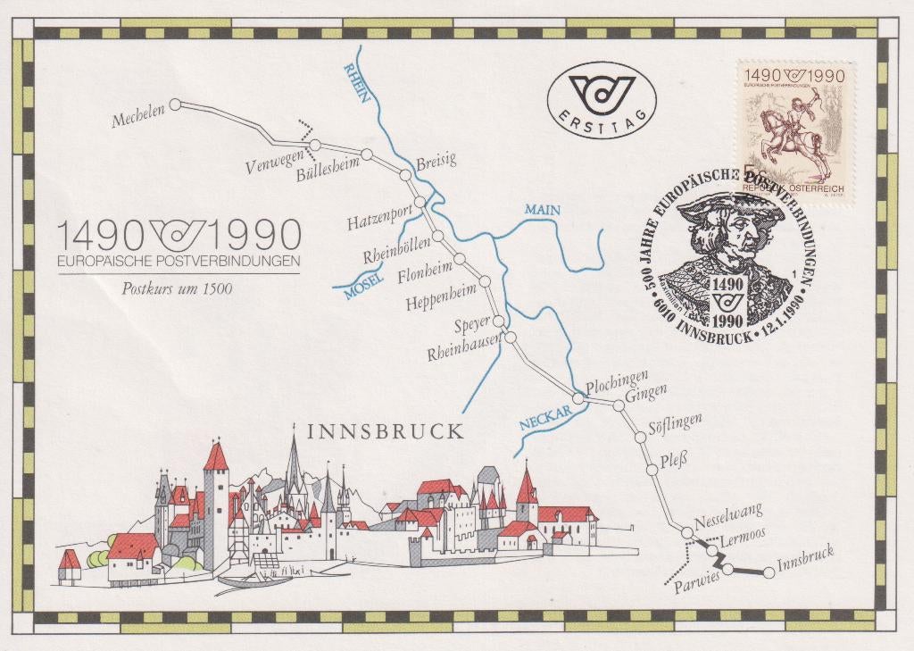 Duitsland 1990 500 jaar POST MAXI kaart Route Innsbruck, Postzegels en Munten, Verzenden, Overige typen