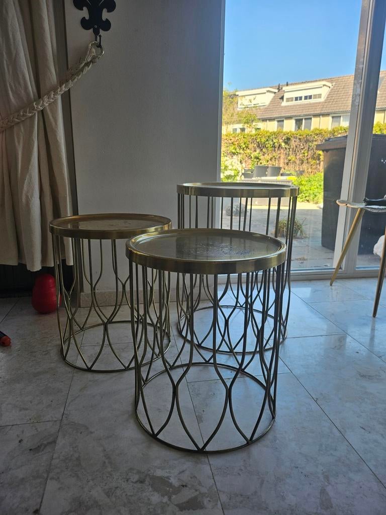 Set van 3 gouden bijzettafels - Metaal, Huis en Inrichting, Tafels | Bijzettafels, Minder dan 45 cm, Minder dan 55 cm, Gebruikt