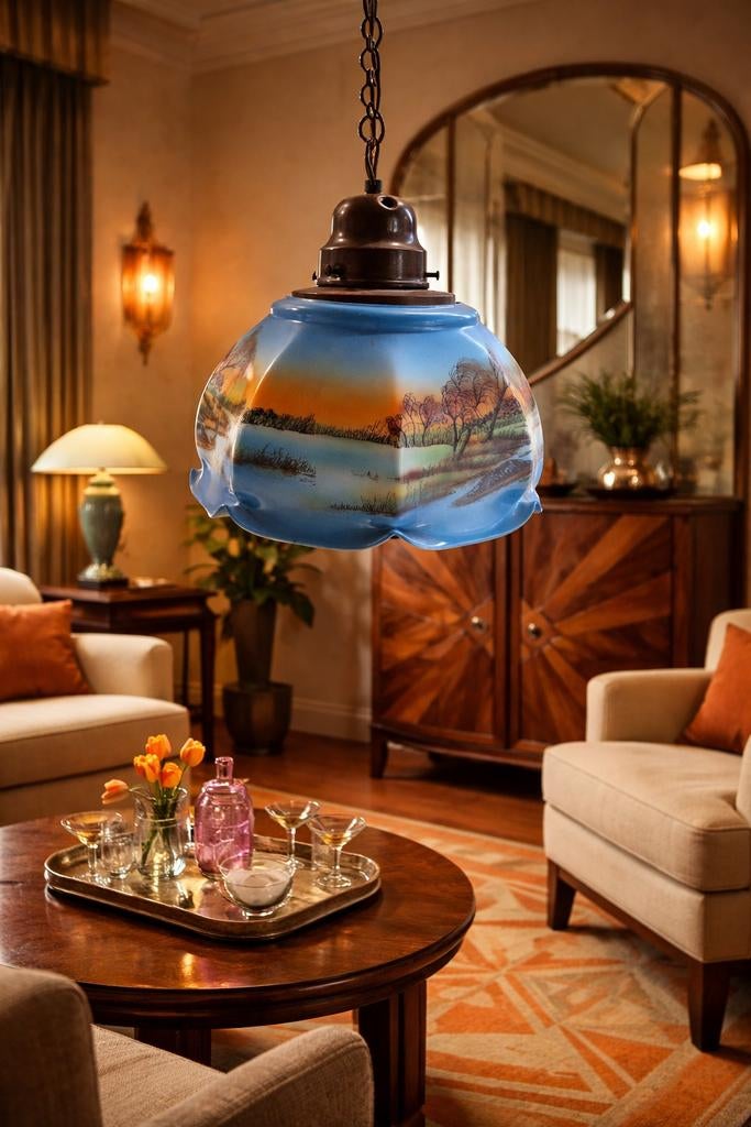 Handbeschilderde glazen hanglamp Art Deco stijl €35 vast!, Verzenden, Zo goed als nieuw, Glas, Art-deco