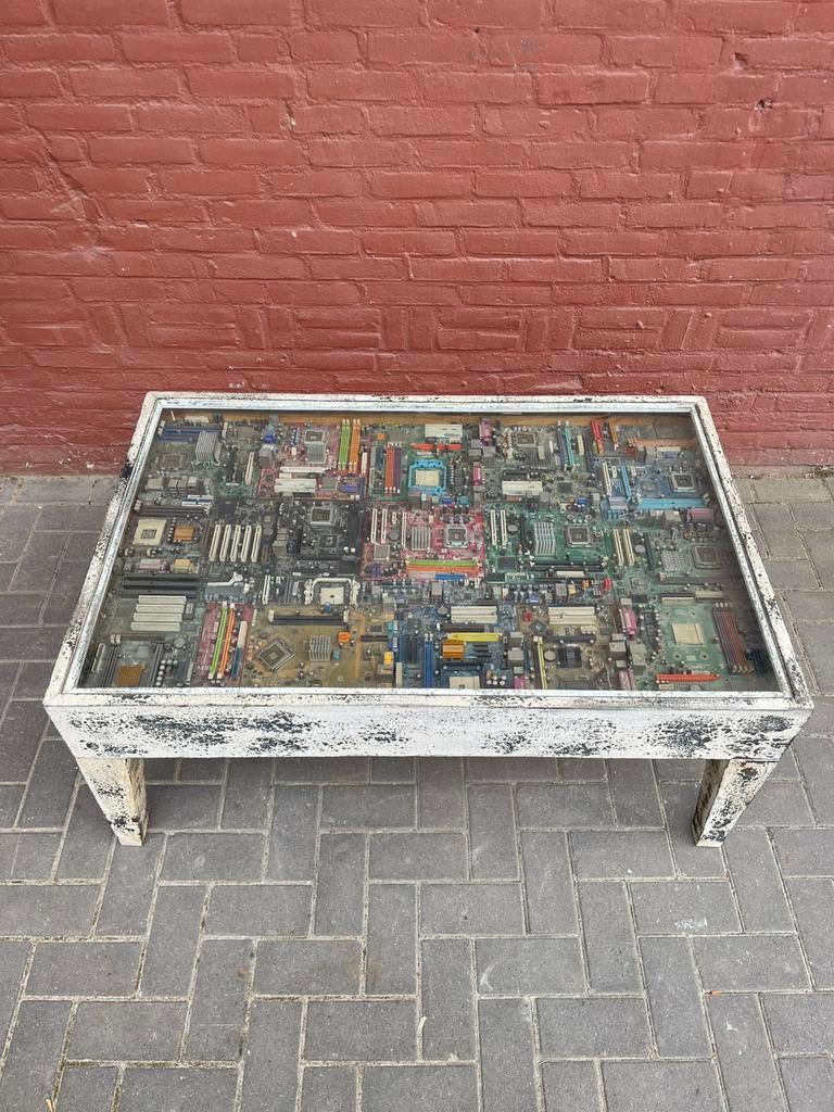 Vintage salontafel gemaakt van oude printplaten, Huis en Inrichting, Gebruikt, 100 tot 150 cm, 50 tot 75 cm, Glas