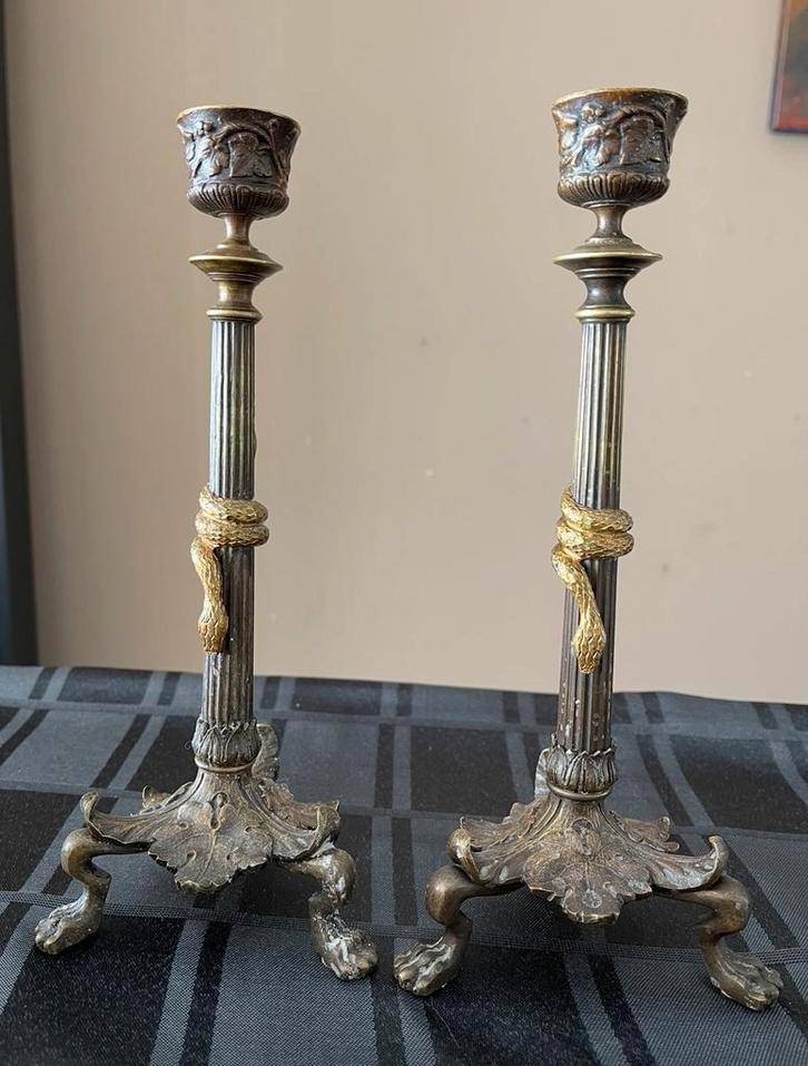 Empire Bronzen Kandelaars met Vuurvergulde Slangen (Set van, Antiek en Kunst, Antiek | Kandelaars, Koper of Brons, Ophalen of Verzenden