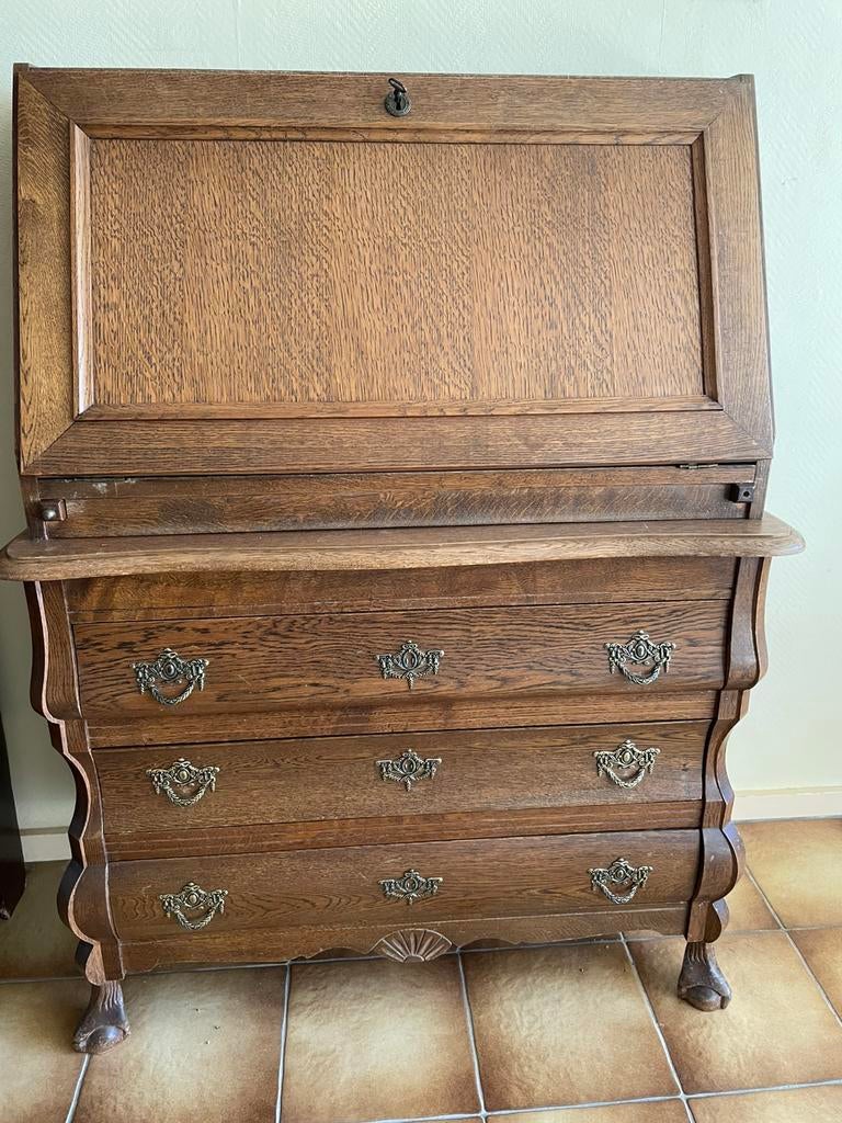 Klassiek eiken secretaire met uitklapbaar schrijfblad, Ophalen, Gebruikt, Klassiek, antiek
