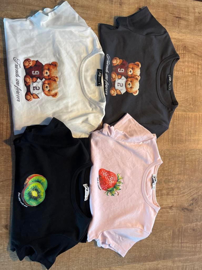 4 Leuke T-shirts met print (beren, aardbei, kiwi) maar S, Kleding | Dames, Wit, Ophalen of Verzenden, Zo goed als nieuw, Korte mouw