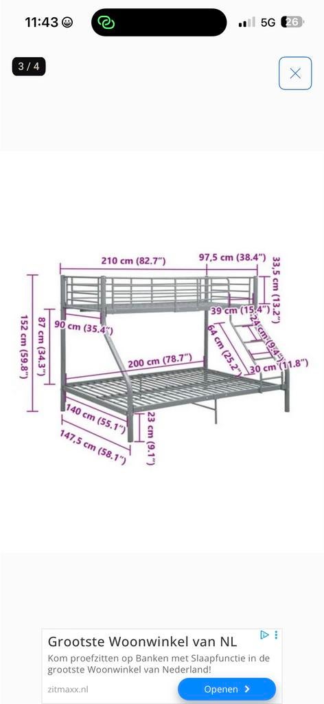 Grijs metalen stapelbed met ladder, Kinderen en Baby's, Kinderkamer | Stapelbedden en Hoogslapers, Ophalen, Gebruikt, Stapelbed