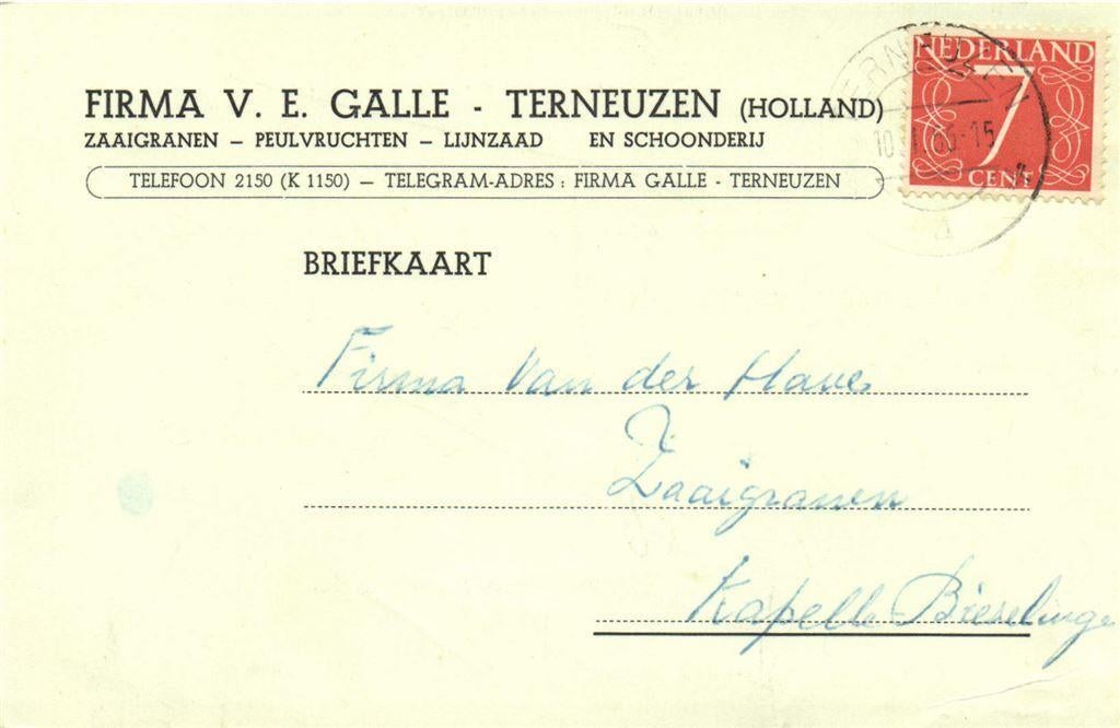 Firma V.E. Galle - Terneuzen - 01.1956 - briefkaart, Postzegels en Munten, Brieven en Enveloppen | Nederland, Briefkaart, Ophalen of Verzenden