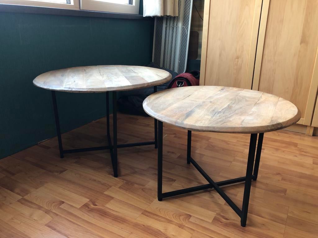 Set van 2 ronde salontafels - hout en metaal, Huis en Inrichting, Tafels | Salontafels, Ophalen, Gebruikt, Rond, 50 tot 100 cm
