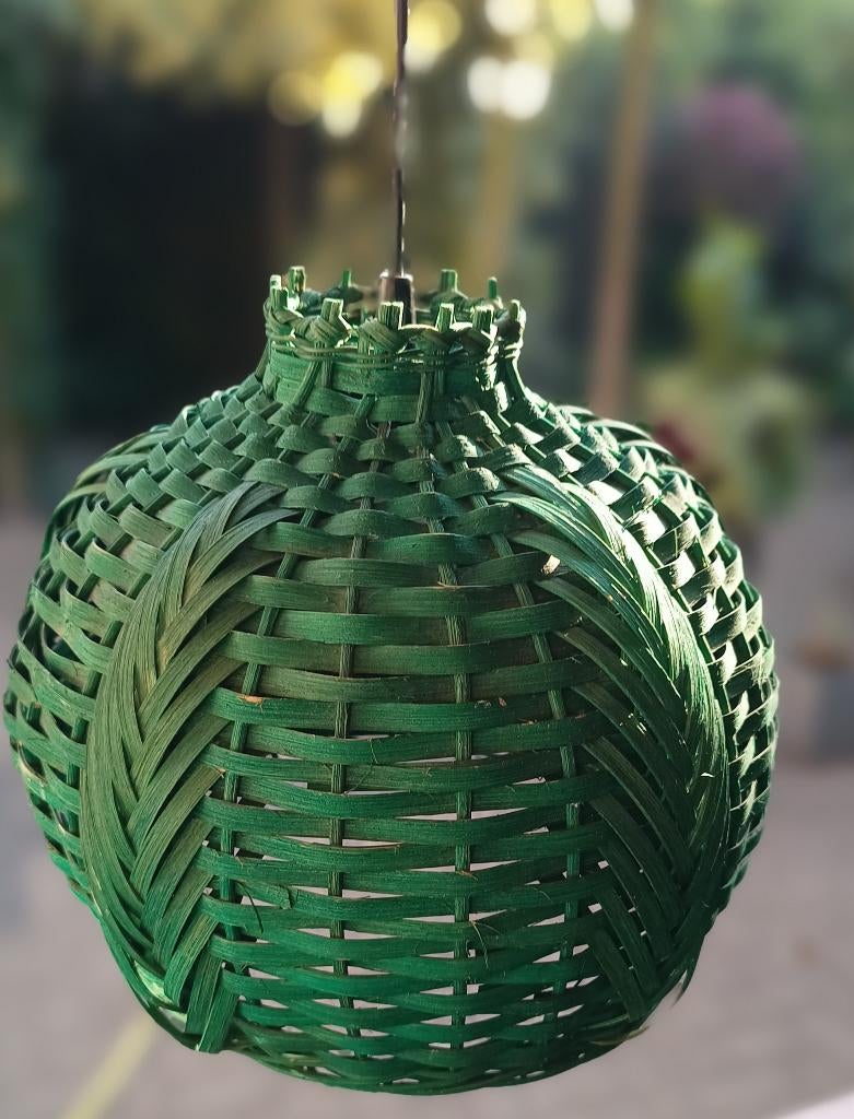 Retro rotan hanglamp -groen gevlochten lamp(Bohemian stijl, Ophalen, Gebruikt, Bohemian stijl - vintage - retro  - sixties, Minder dan 50 cm