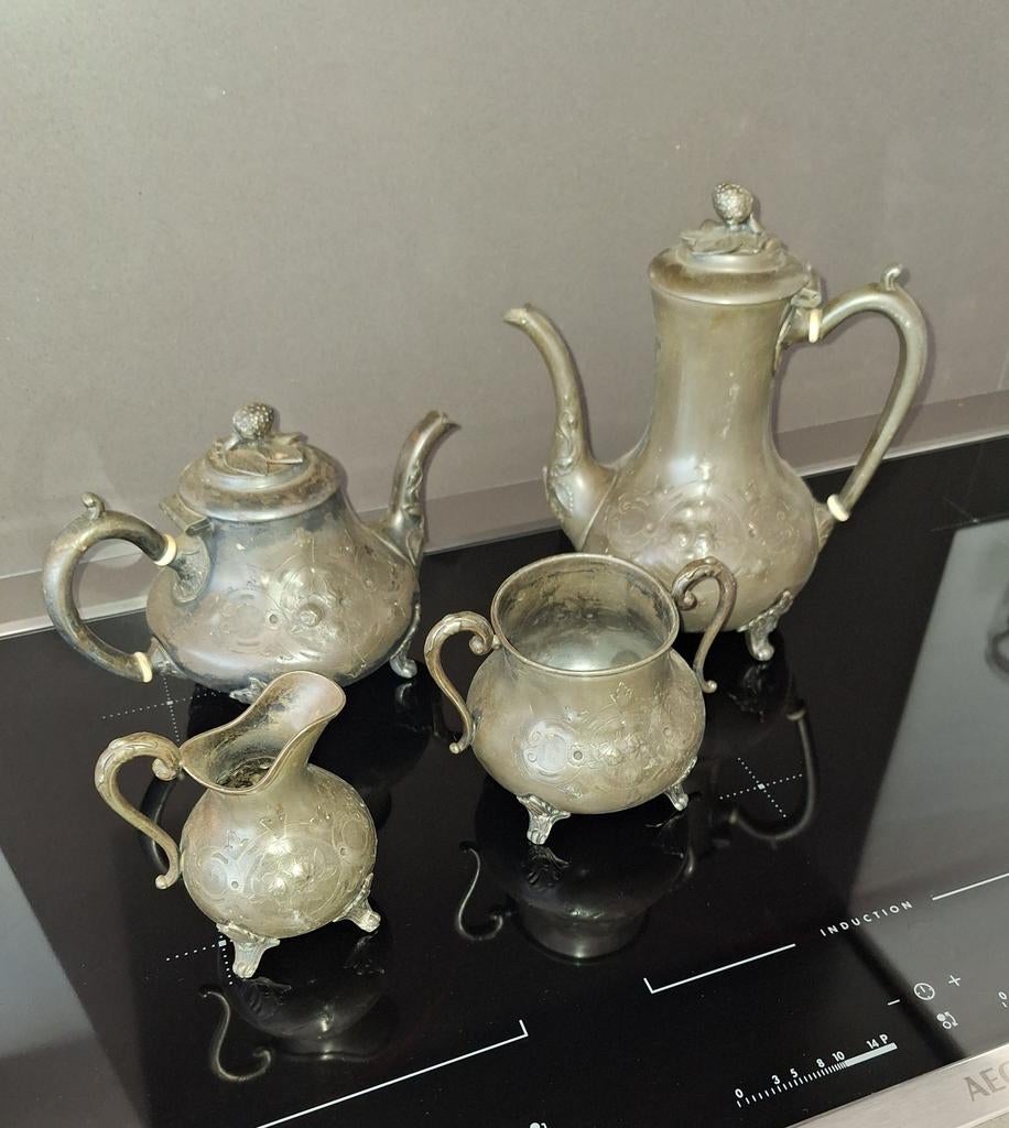 Antiek verzilverd theeservies - 4-delig, Antiek en Kunst, Antiek | Goud en Zilver, Ophalen of Verzenden, Zilver