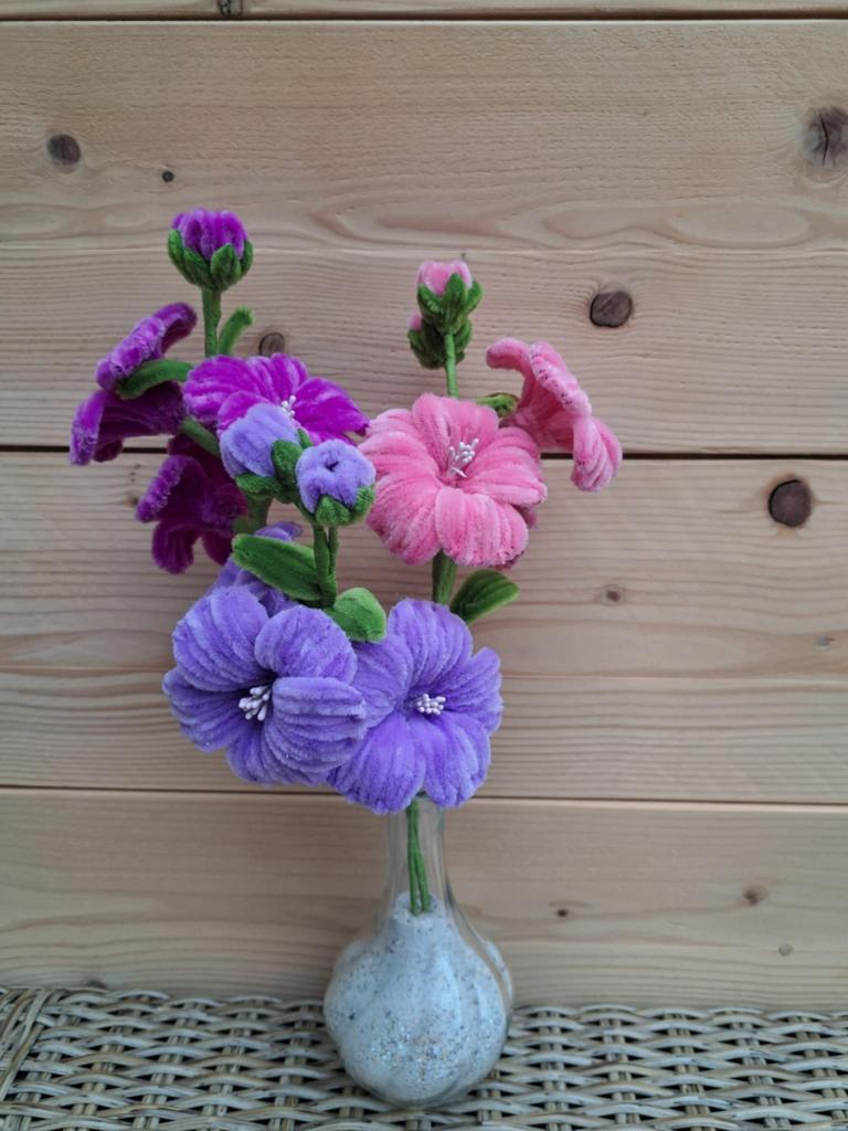 Chenilledraad pijpragers kunst bloemen met vaas paars roze, Binnen, 35 cm, Kunstbloem, Nieuw