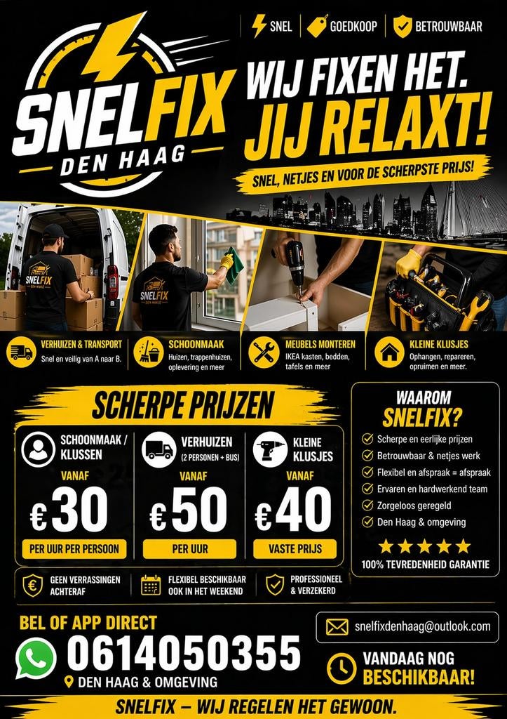 Snelfix Den Haag | Verhuizen, Schoonmaak & Klusjes | Vandaag