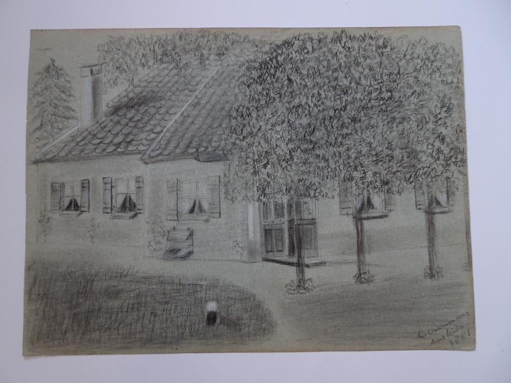tekening boerderij achter bomen, C. Overmars Amsterdam 1881, Antiek en Kunst, Verzenden