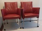 2 Jan Neggers roodleren eetkamerstoelen op wieltjes, Ophalen, Gebruikt, Minder dan 75 cm, Leer
