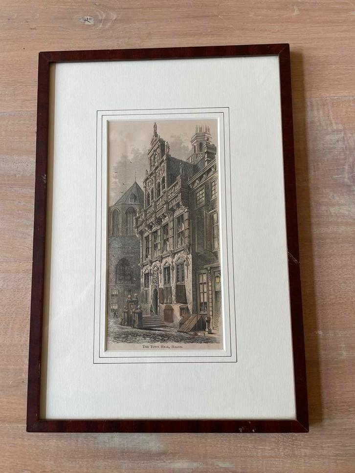 Houtgravure Oude Stadhuis Den Haag (ca. 1860), Antiek en Kunst, Kunst | Etsen en Gravures, Ophalen of Verzenden
