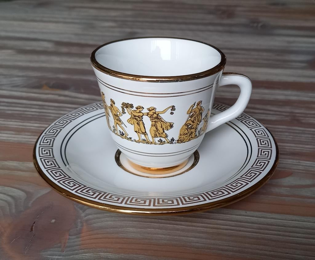 24K goud kop en schotel Grieks, Verzenden, Zo goed als nieuw, Overige stijlen, Kop(pen) en/of Schotel(s)
