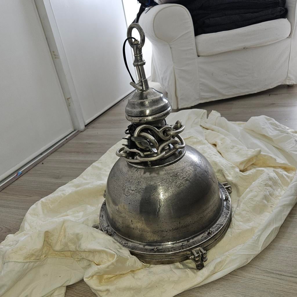 Industriële Vintage Hanglamp - Ruw Nikkel met Kettingen, Antiek en Kunst, Ophalen