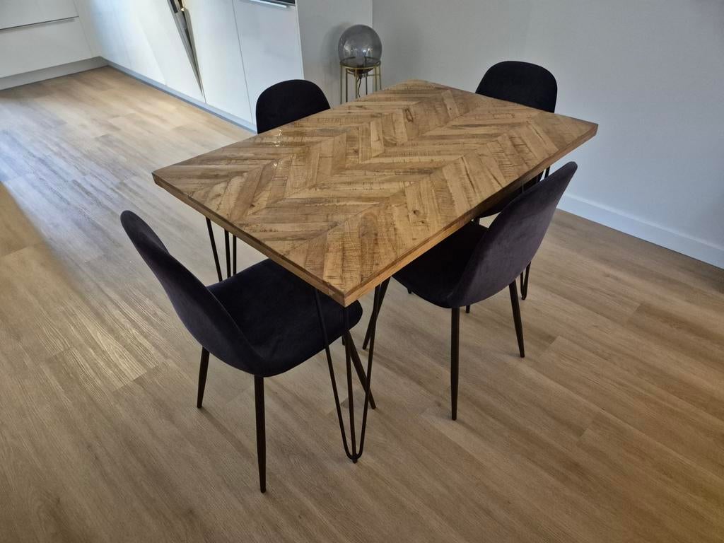 Eettafel visgraat 120x80 cm met zwarte hairpin poten, Huis en Inrichting, Tafels | Eettafels, Gebruikt, 100 tot 150 cm, Modern, Industrieel